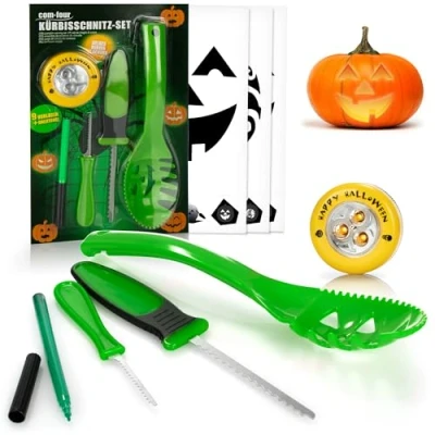 Afbeelding van COM FOUR® Pompoen snijset voor Halloween, pompoenen, 14 delige set, pompoenenuithollingsgereedschap mes, lepel, pen, sjablonen en ledlicht (groen met led)