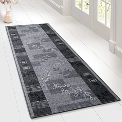 Afbeelding van Floordirekt Loper Met patroon fijne lussen op maat Voor keuken, hal en woonkamer Vintage ornament Oosters rooster (80 x 200 cm accentgrijs)