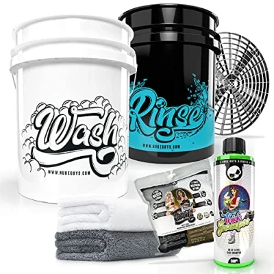 Afbeelding van Nuke Guys Professionele wasset voor optimaal handwas wasemmer + 5 liter spoelemmer Grit Guard vuilinzet NukeGuys dikke shampoo 500 ml 2 stuks doeken
