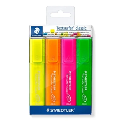 Image de Staedtler 364 P WP4 Textsurfer Classic, Surligneurs Fluorescents Et Translucides De Haute Qualité Résistants Aux Uv, Pointe Biseautée 1 À 5 Mm, Étui Plastique Avec 4 Assortis