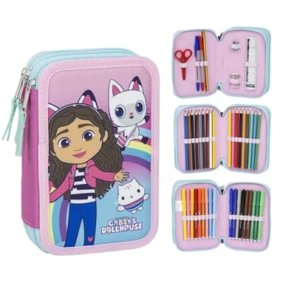 Afbeelding van CARTOON Etui met meerdere vakken, 3 ritssluitingen voor school, complete kleurpotloden, viltstiften, Gabby&#039;s Dollhouse, vakken