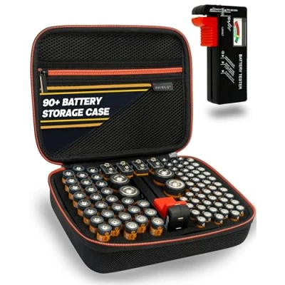 Afbeelding van AKIELO opbergdoos voor batterijen, batterijen met universele batterijtester, 90 x AAA, C, 9 V (niet meegeleverd)