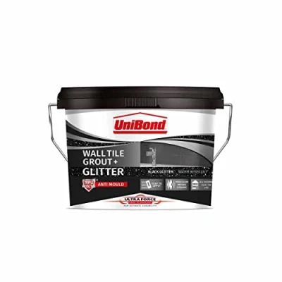 Afbeelding van UniBond Tegelmortel, voegmortel, zwart, met zilveren glitter, direct geschikt voor gebruik binnenshuis, drievoudige bescherming tegen schimmel, 1 emmer van 1,38 kg