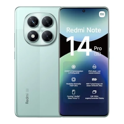Afbeelding van Xiaomi Redmi Note 14 Pro 5G Smartphone, 12 + 512 GB, groen, 200 MP hoogwaardige AI camera, IP68, 5.110 mAh batterij met 45W opladen, functies (geen oplader inbegrepen)