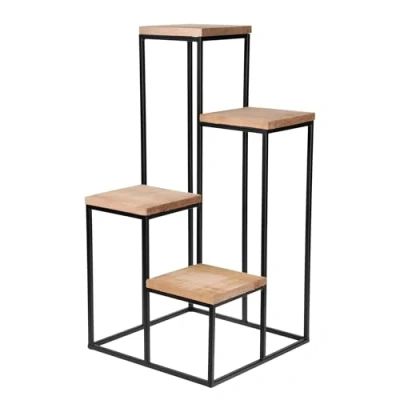 Afbeelding van Spetebo Metalen bloementrap met 4 legplanken, 67 x 34 cm, bloemenkruk houten etages, decoratieve plantenstandaard, bloempotstandaard