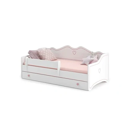 Afbeelding van KOBI Emma Kinderbed, 160 x 80 cm, wit, met roze accessoires, in een set lade, leuning, matras en frame, voor meisjeskamer