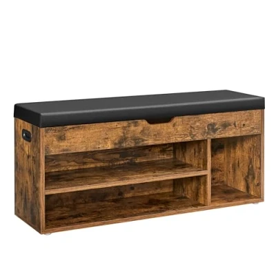 Afbeelding van VASAGLE LHS130B01 Gevoerde schoenenbank, opbergbank, 3 vakken, verborgen opslag, planken, voor woonkamer, entree, slaapkamer, draagvermogen 150 kg, rustiek bruin